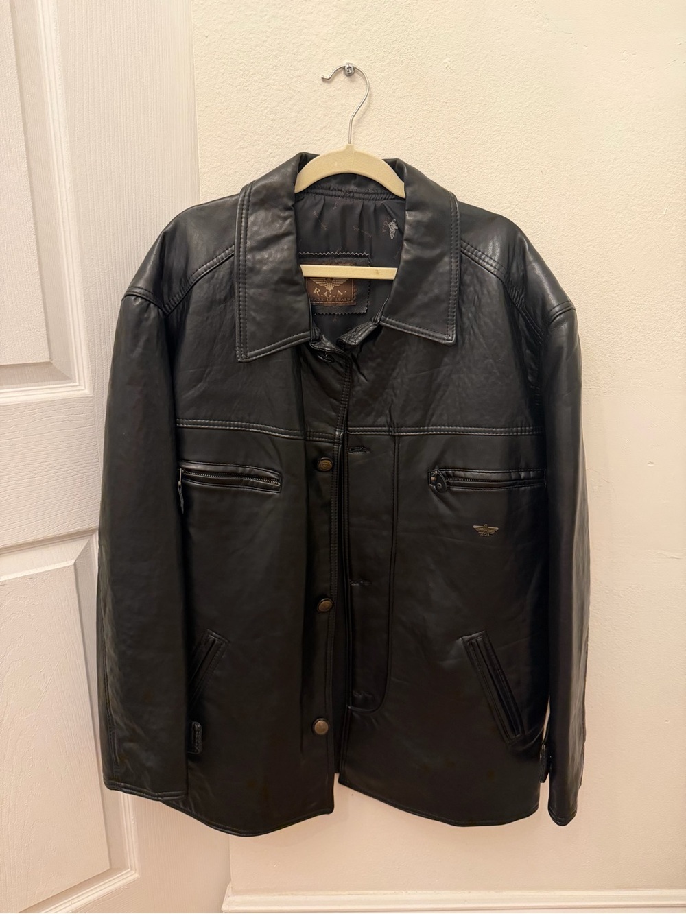 Vintage Black Men's Leather Bomber Jacket with Button & Zip Details